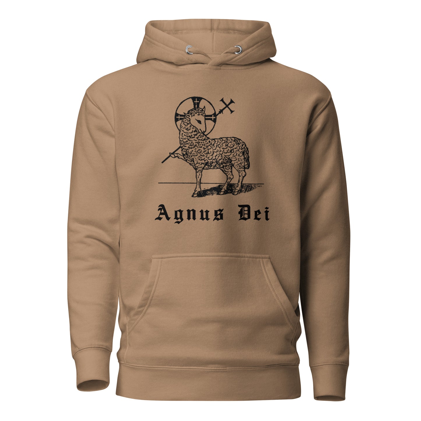 Brown hoodie front view with the Lamb of God and latin phrase agnus dei printed on chest