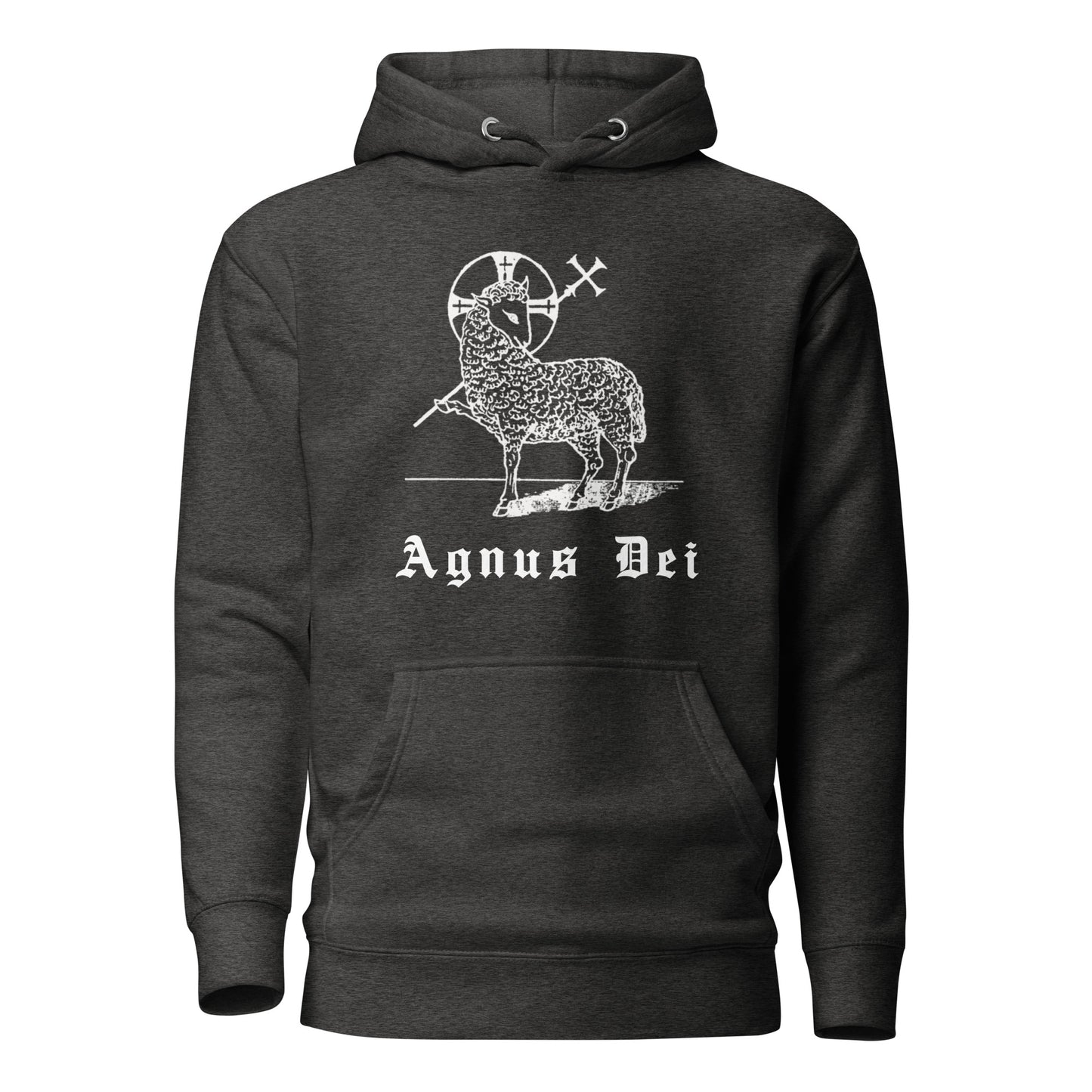 Dark grey hoodie front view with the Lamb of God and latin phrase agnus dei printed on chest