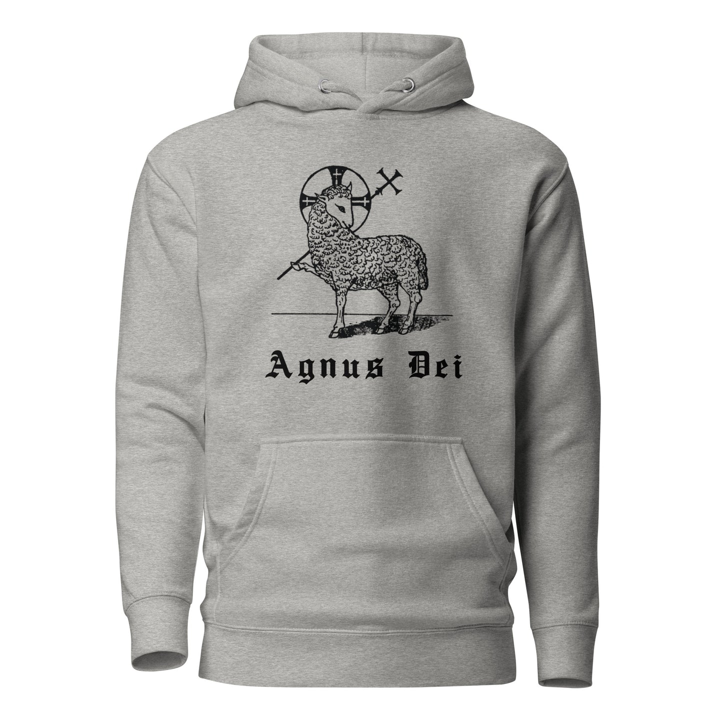 Grey hoodie front view with the Lamb of God and latin phrase agnus dei printed on chest
