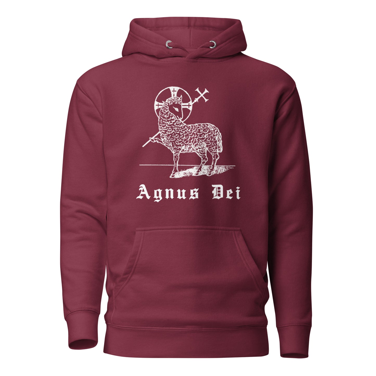 Maroon hoodie front view with the Lamb of God and latin phrase agnus dei printed on chest