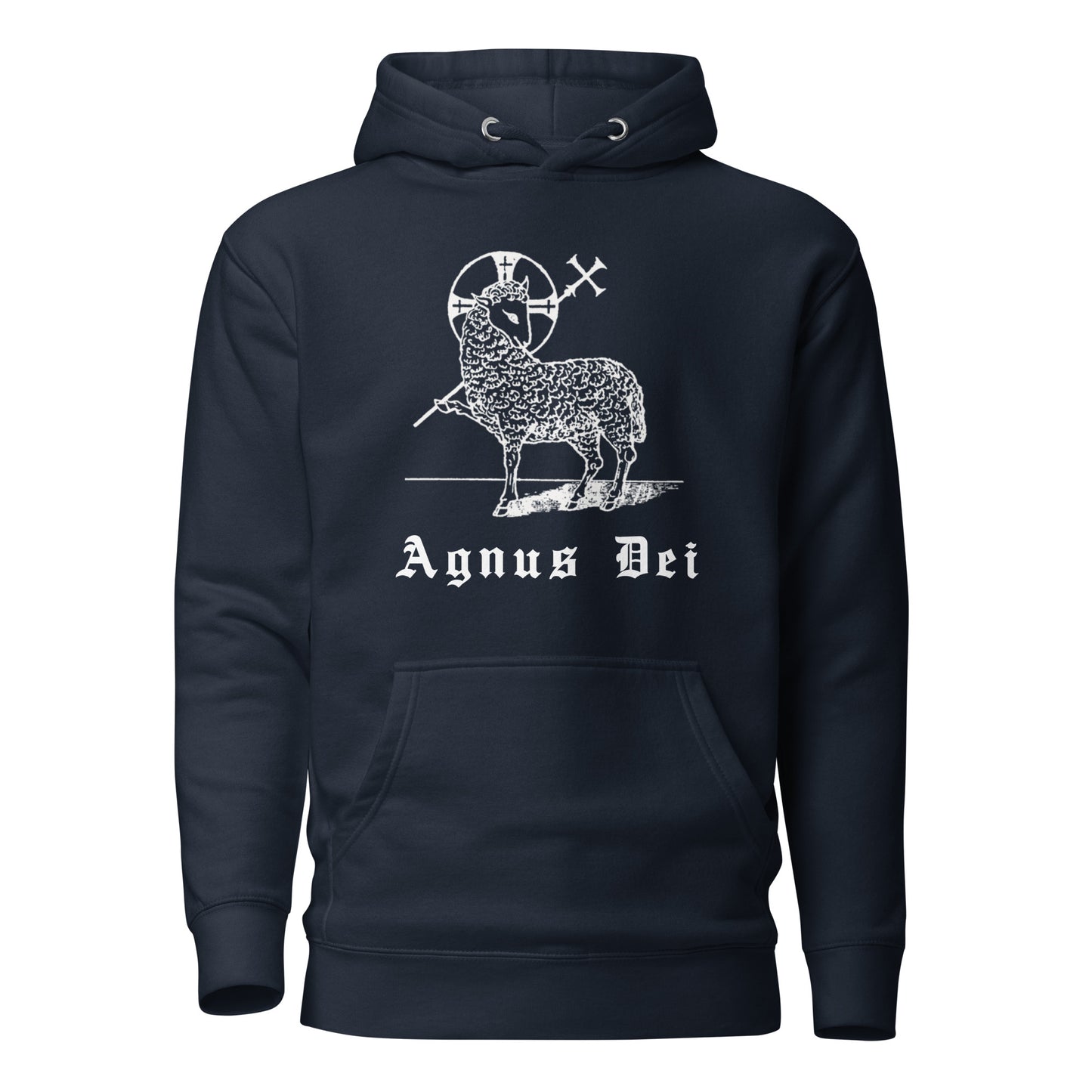 Navy hoodie front view with the Lamb of God and latin phrase agnus dei printed on chest