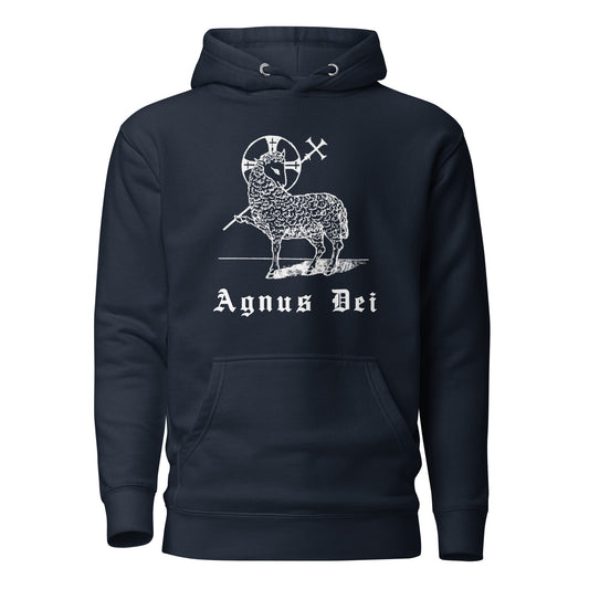 Navy hoodie front view with the Lamb of God and latin phrase agnus dei printed on chest