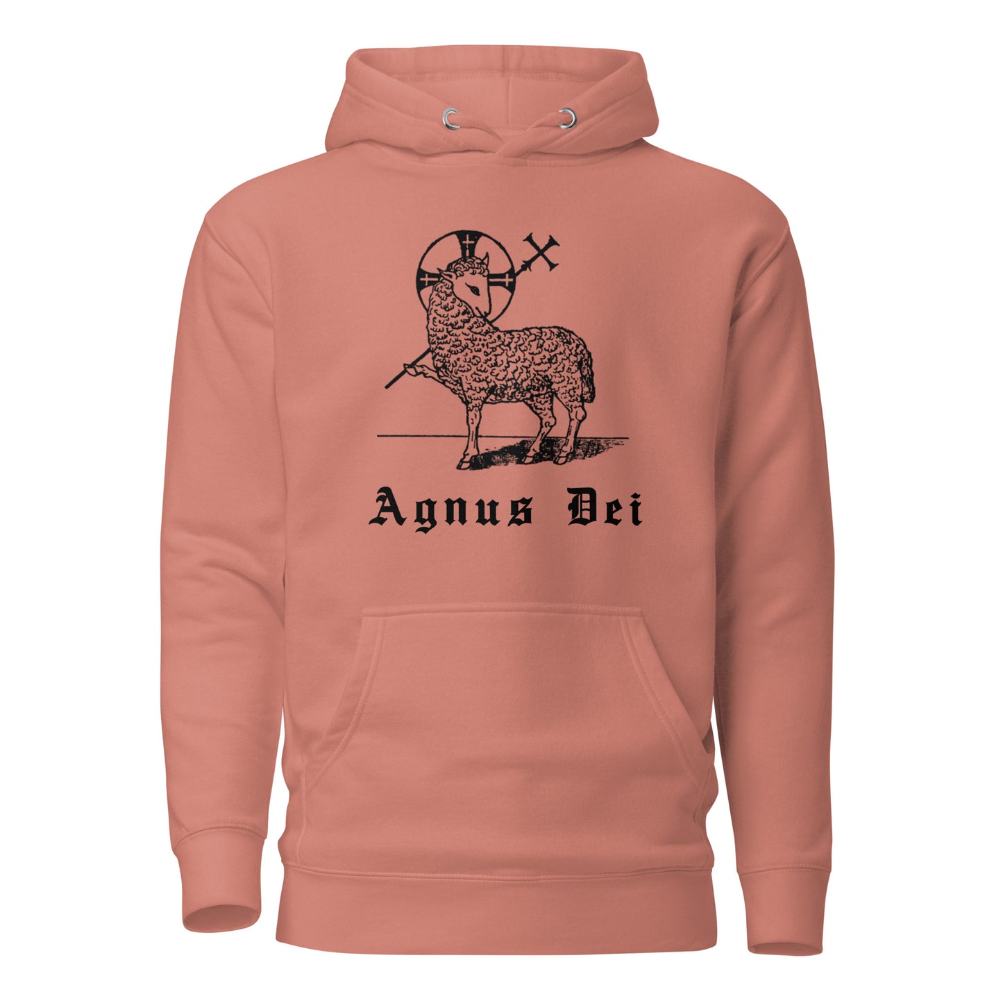 Rose hoodie front view with the Lamb of God and latin phrase agnus dei printed on chest