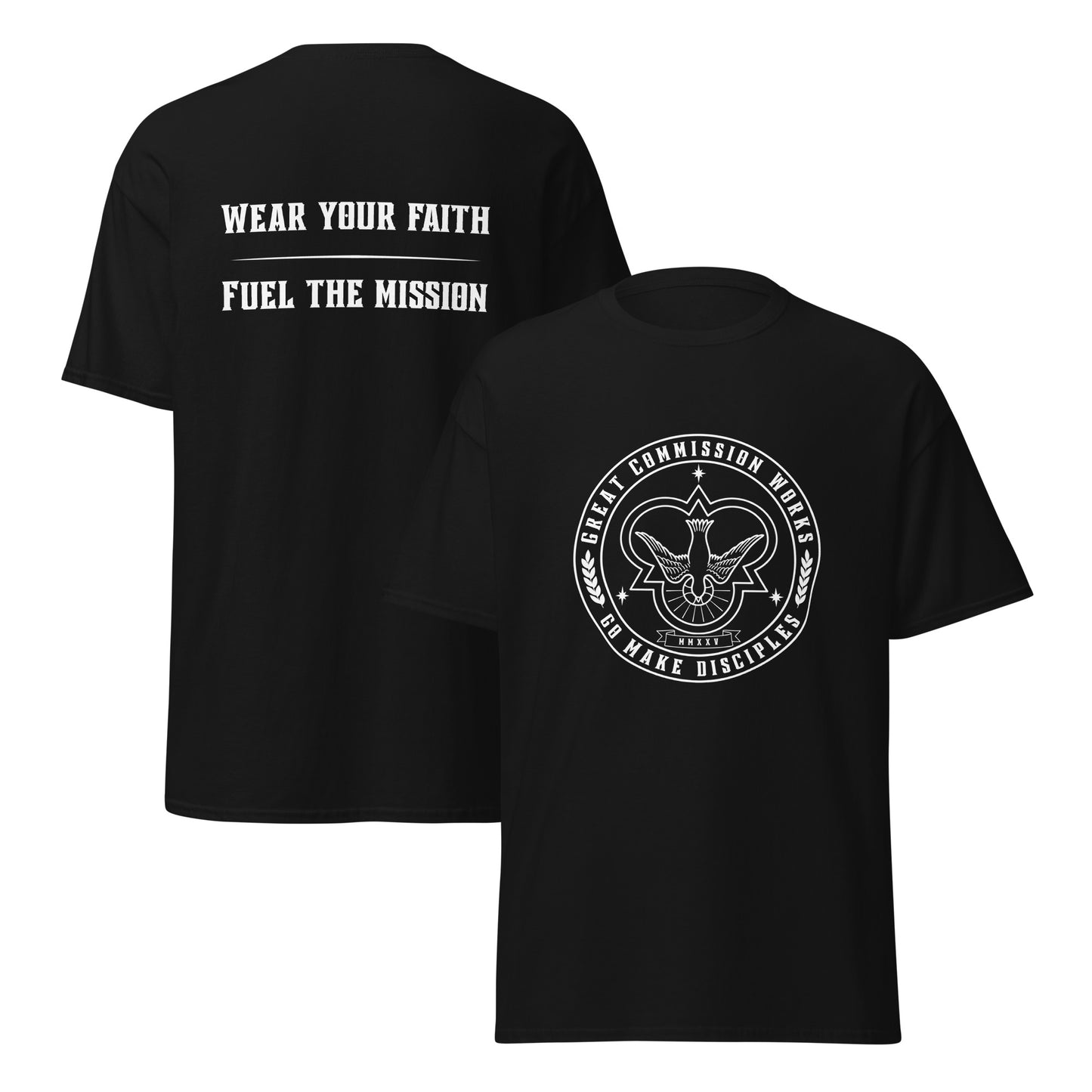 Black Classic tee with logo printed on chest and slogan printed on back