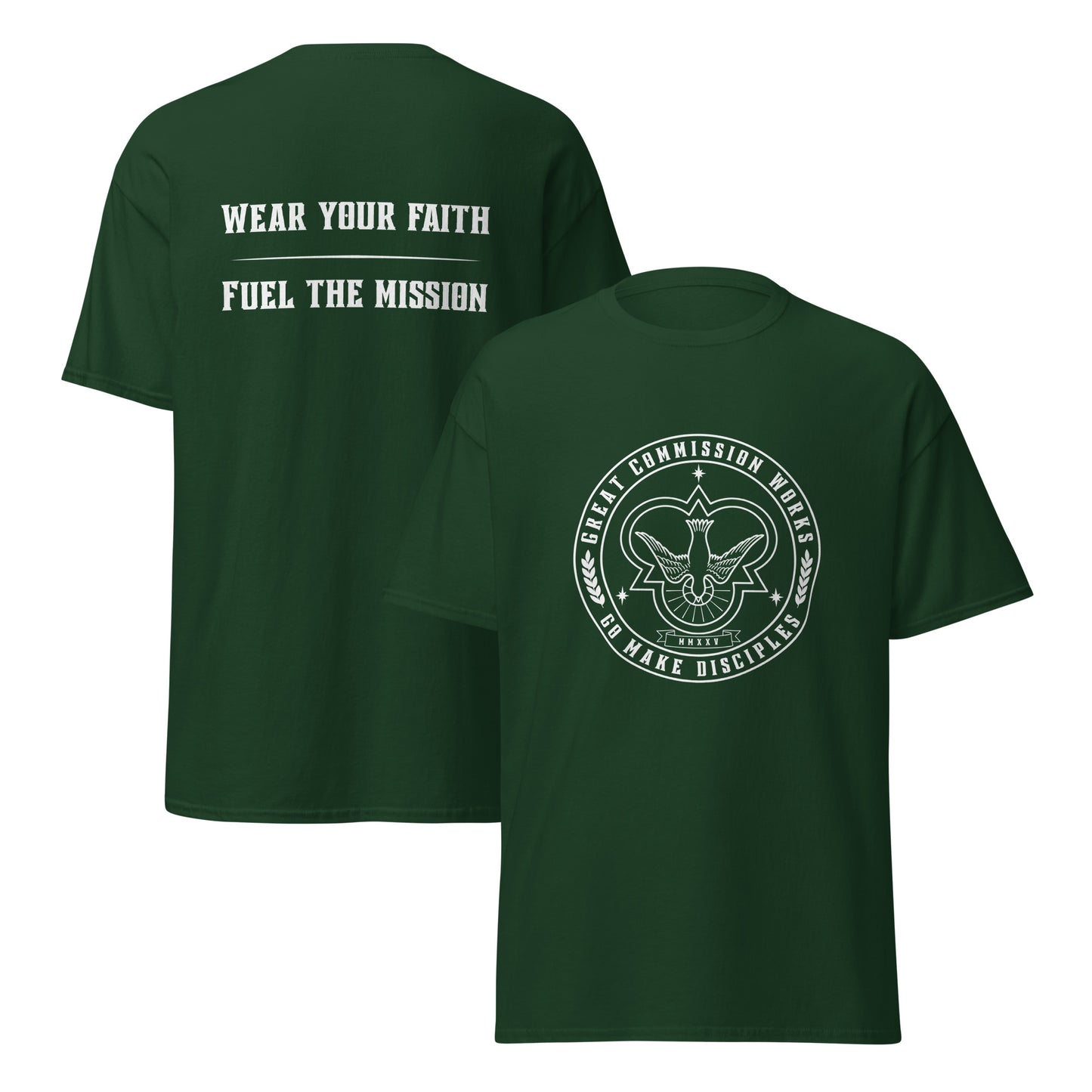 Dark green Classic tee with logo printed on chest and slogan printed on back