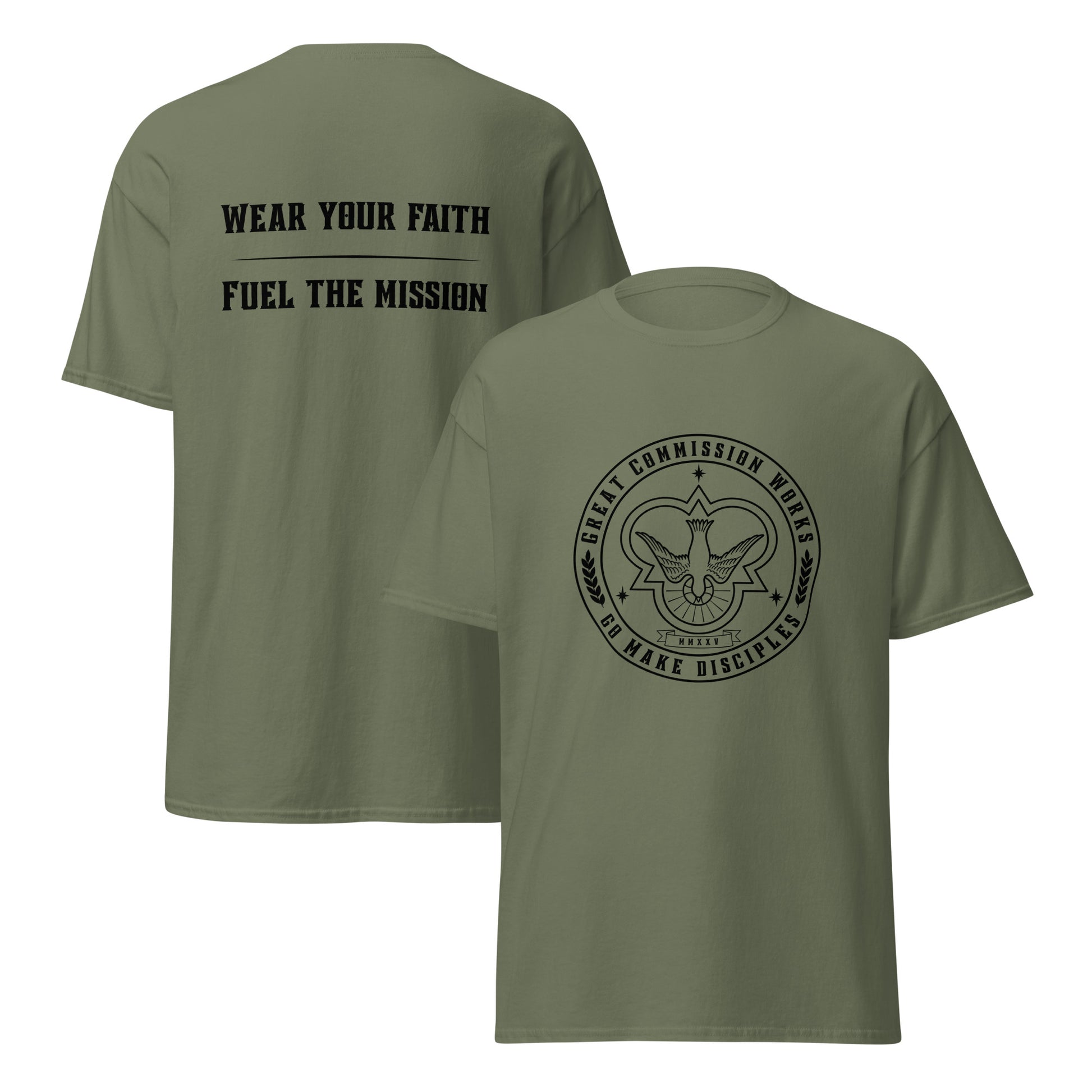 Green Classic tee with logo printed on chest and slogan printed on back