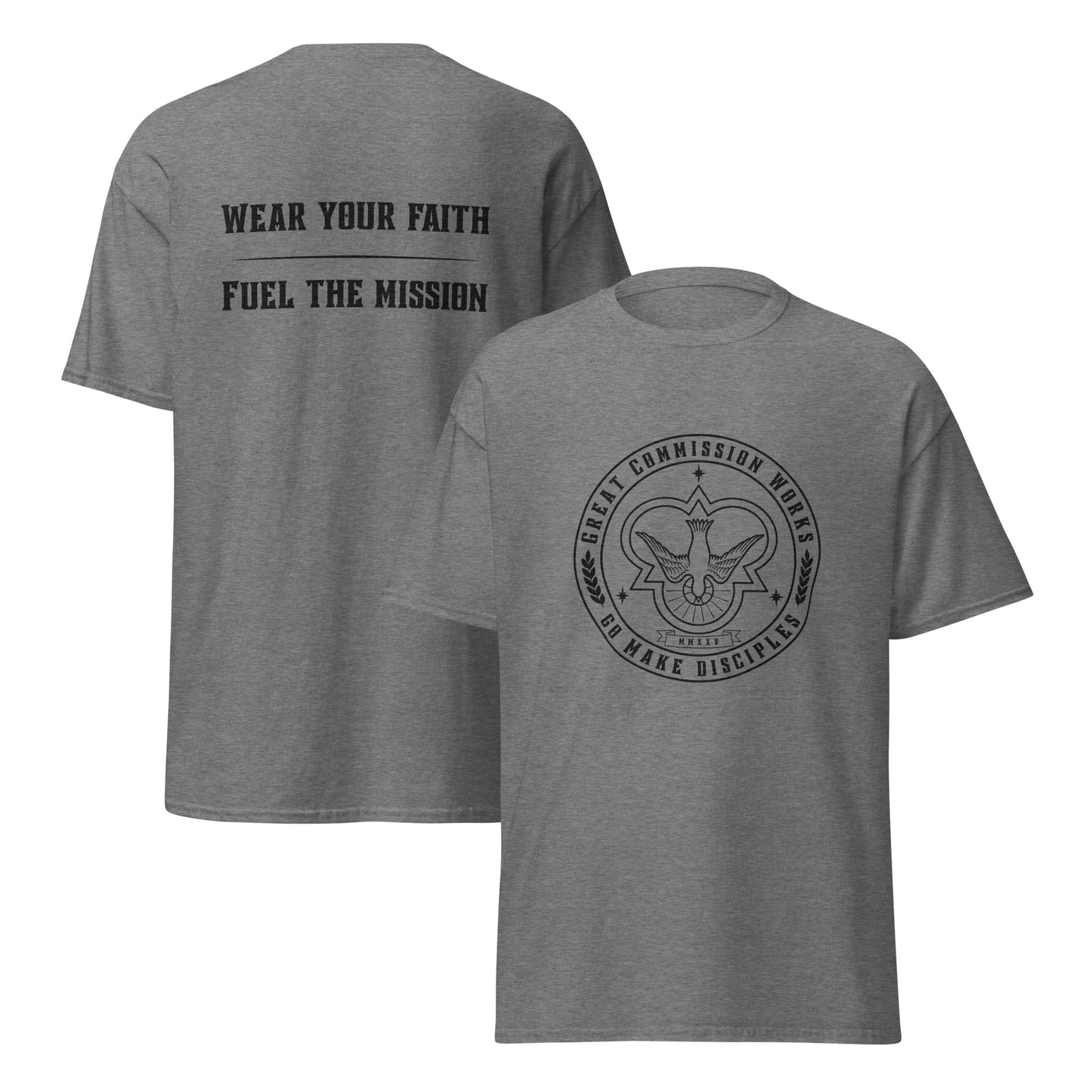 Grey Classic tee with logo printed on chest and slogan printed on back