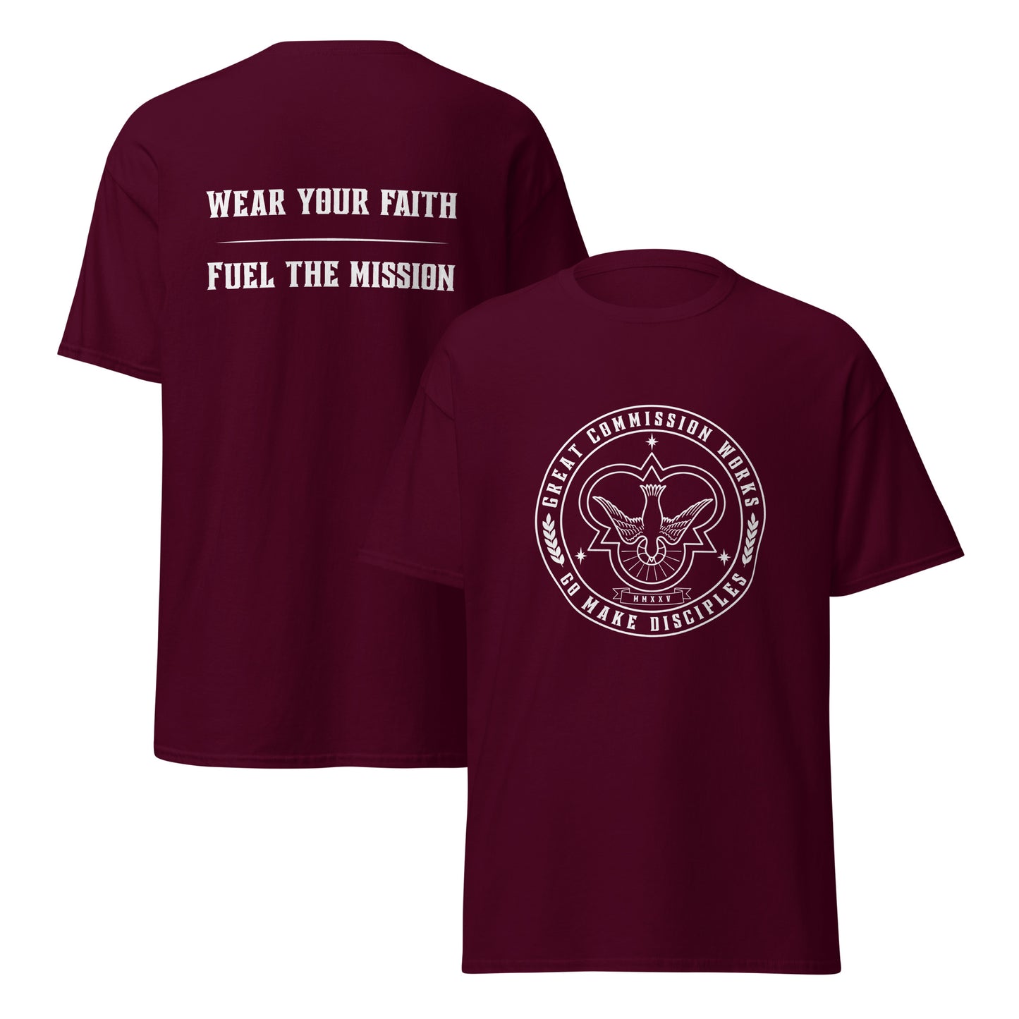 Maroon Classic tee with logo printed on chest and slogan printed on back