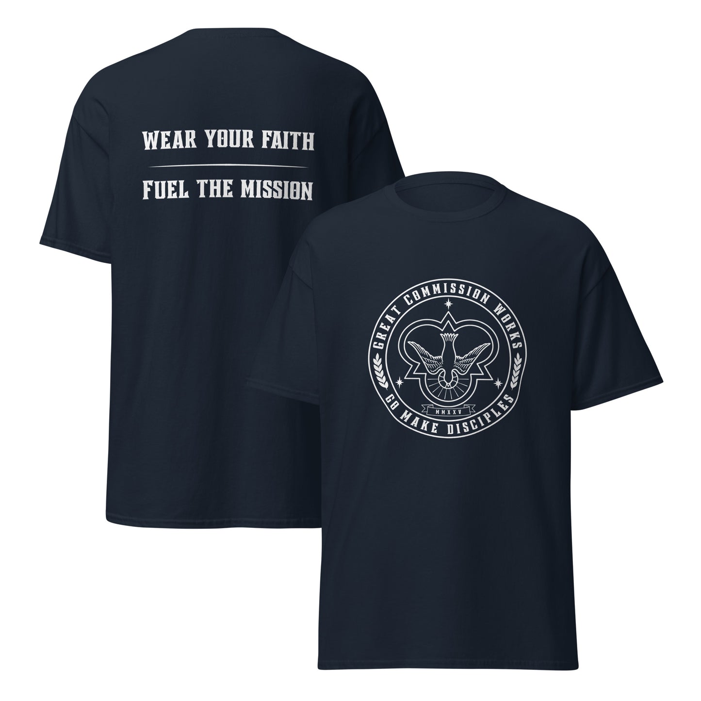 Navy Classic tee with logo printed on chest and slogan printed on back