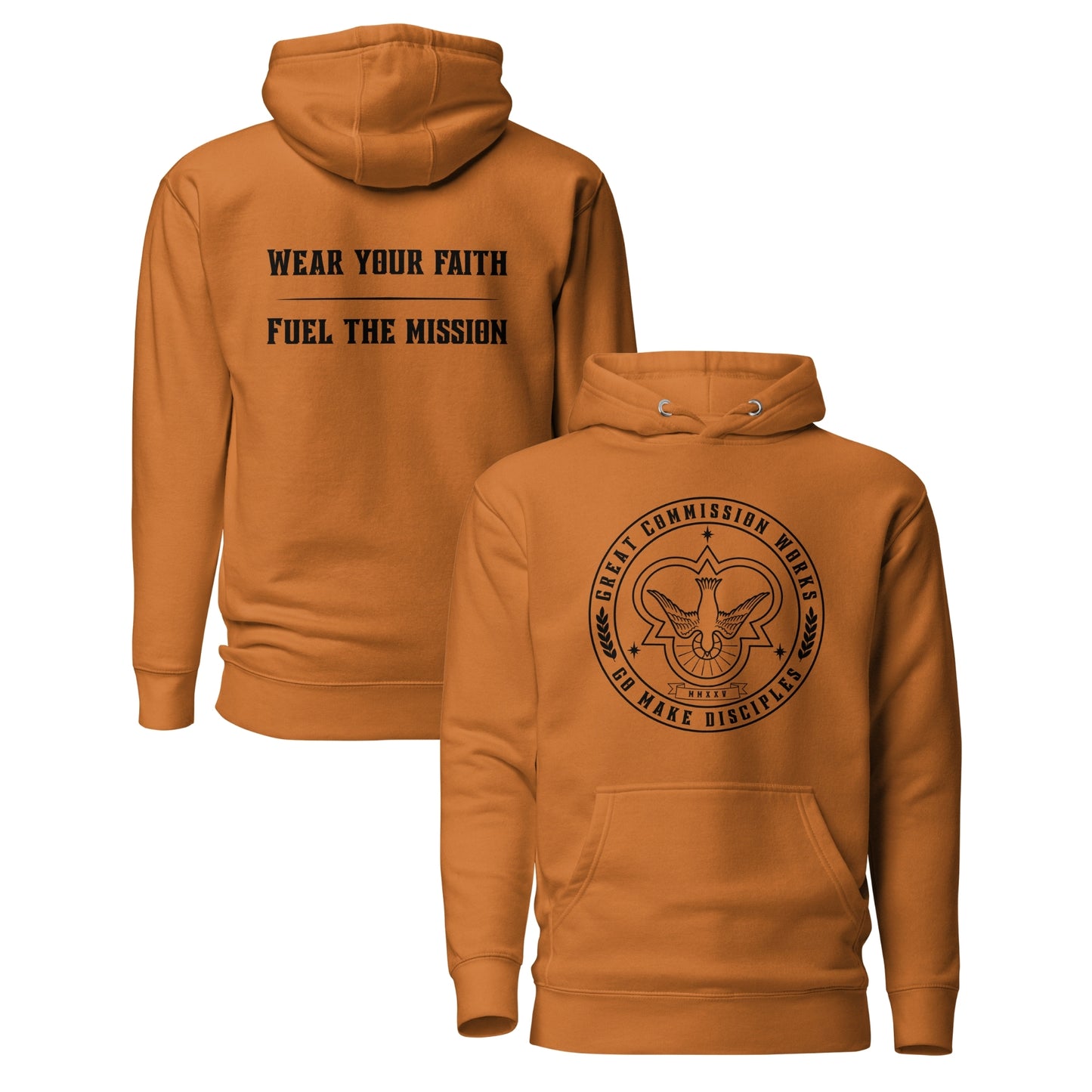Orange Hoodie with logo printed on chest and slogan printed on back