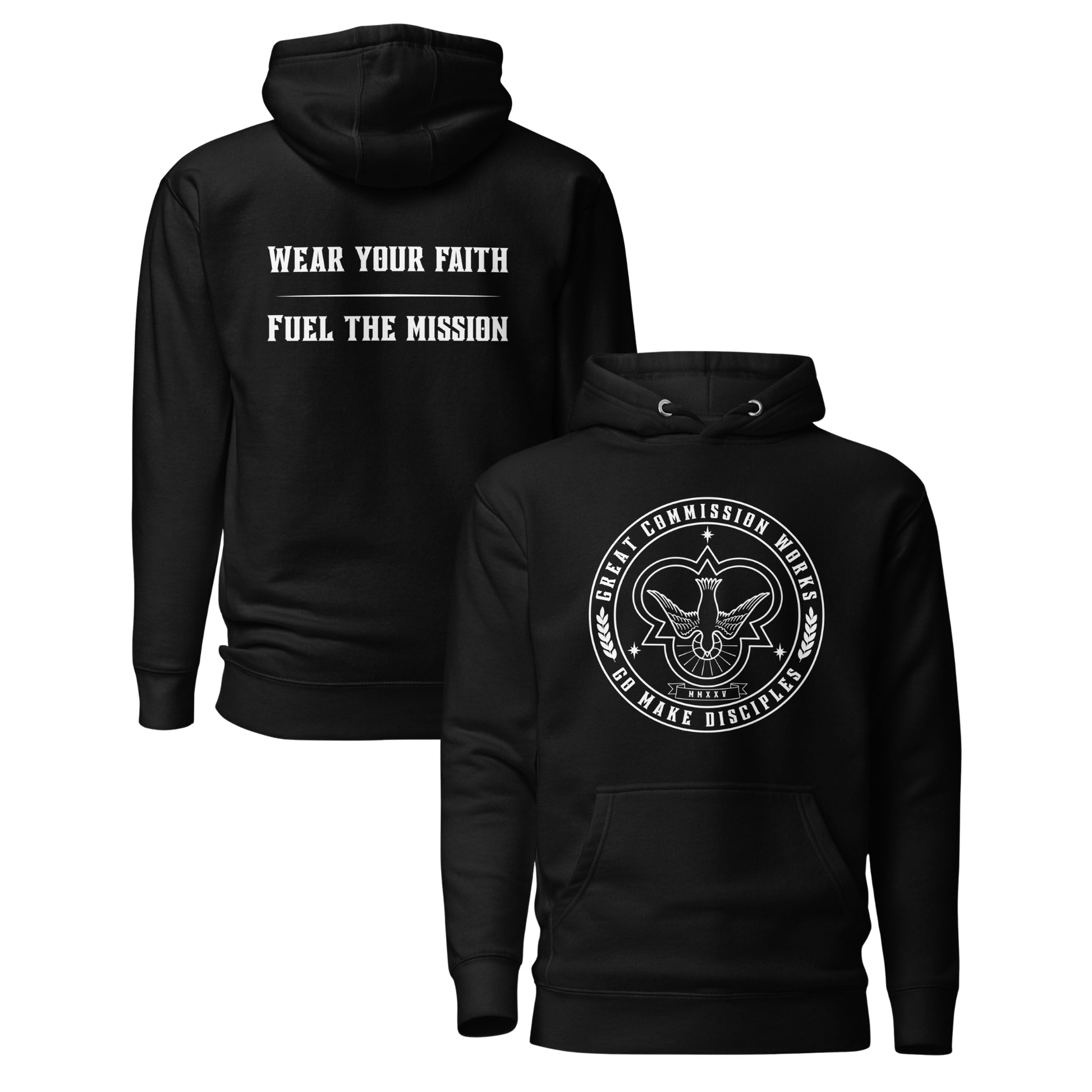 Black Hoodie with logo printed on chest and slogan printed on back