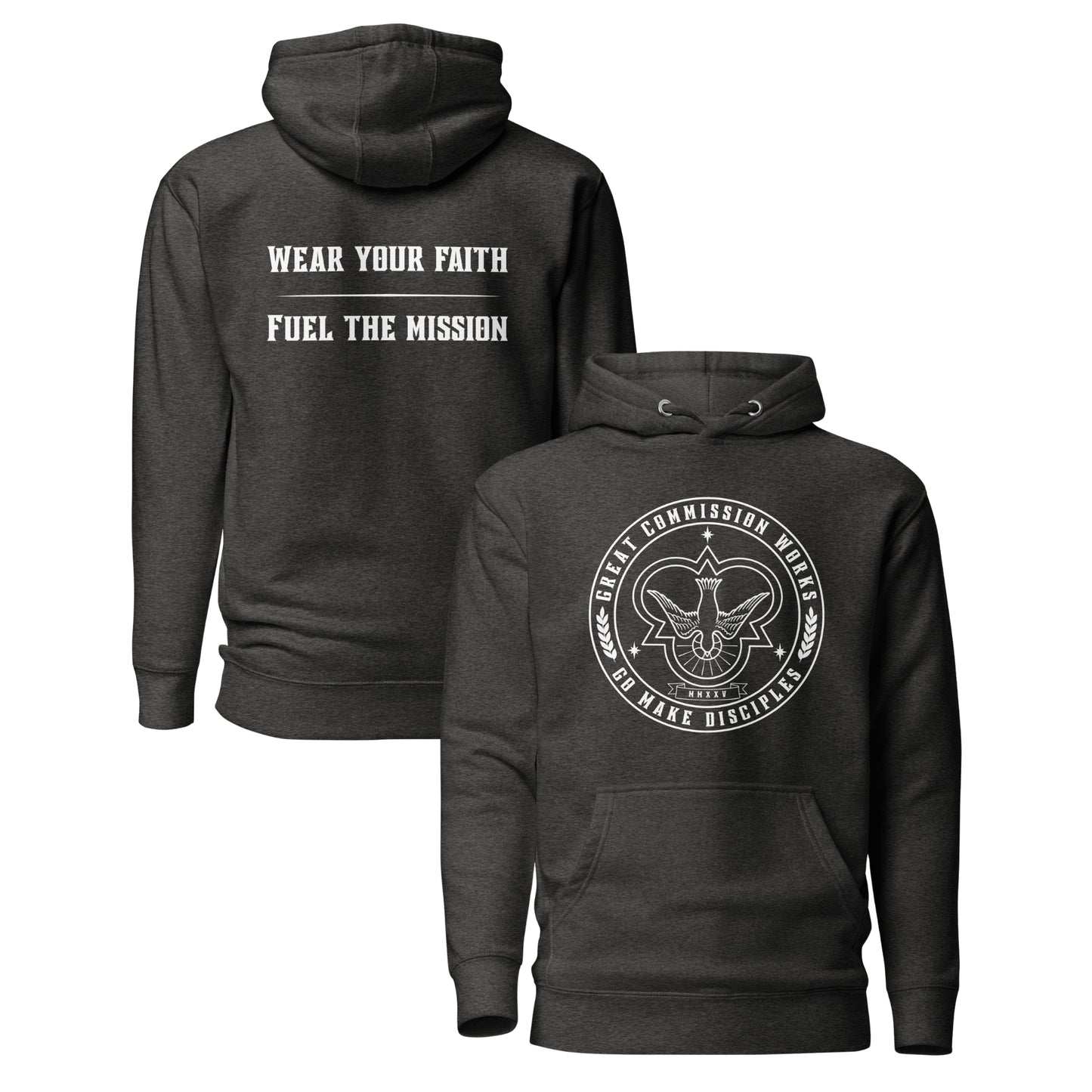 Dark grey Hoodie with logo printed on chest and slogan printed on back