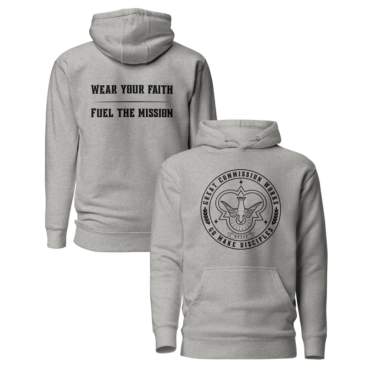 Grey Hoodie with logo printed on chest and slogan printed on back