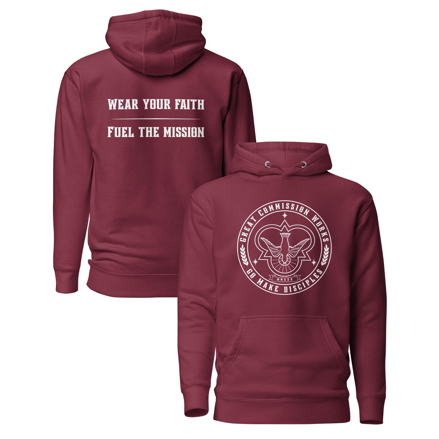 Maroon Hoodie with logo printed on chest and slogan printed on back