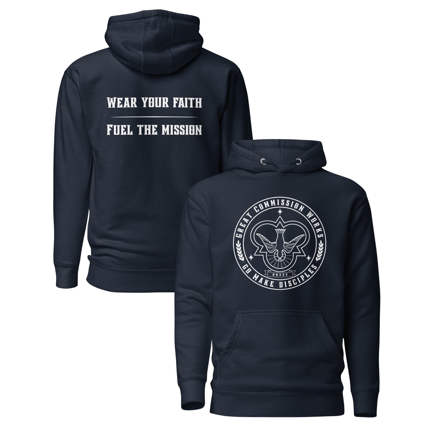Navy Hoodie with logo printed on chest and slogan printed on back