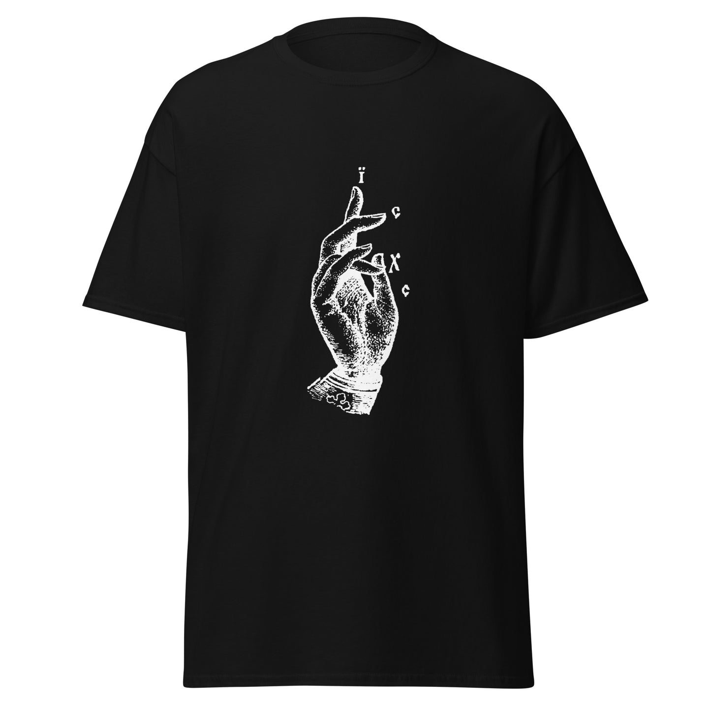 Black classic tee front view with the Jesus Christ hand gesture printed on chest