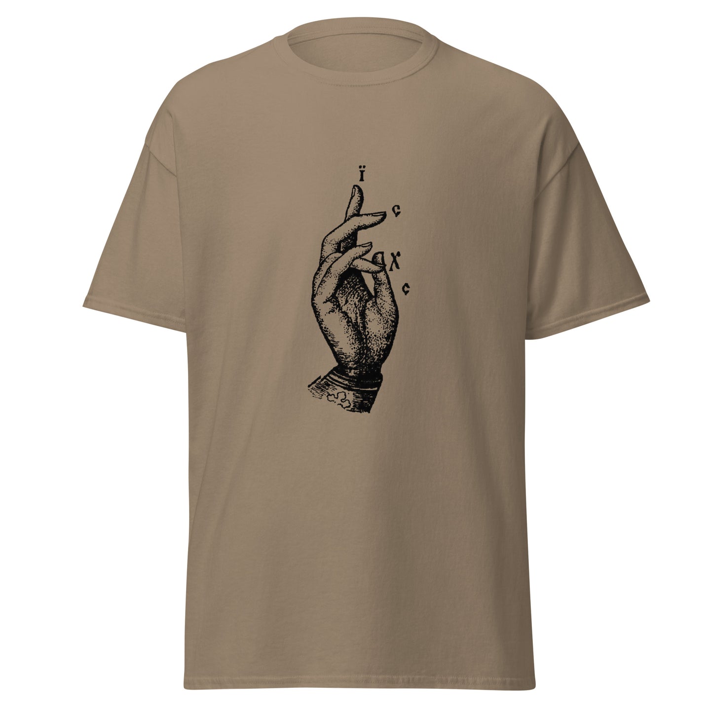 Brown classic tee front view with the Jesus Christ hand gesture printed on chest