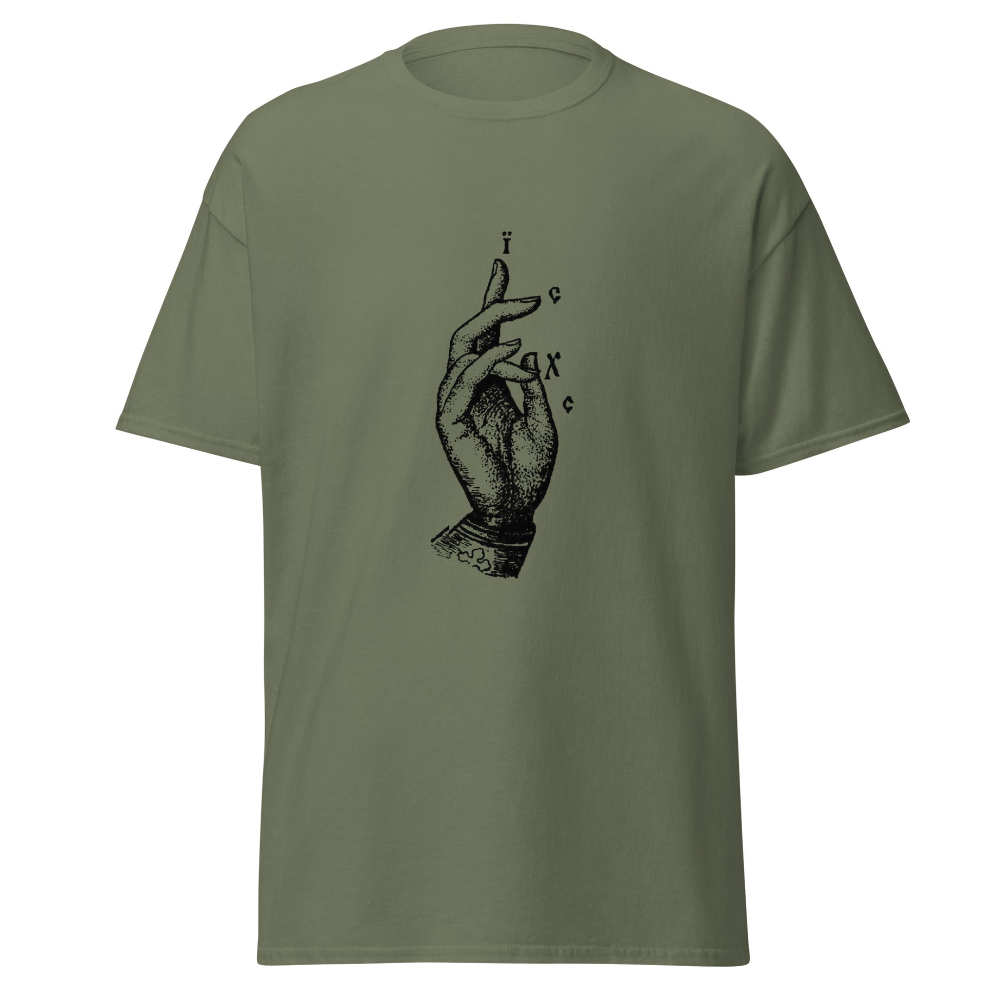 Green classic tee front view with the Jesus Christ hand gesture printed on chest