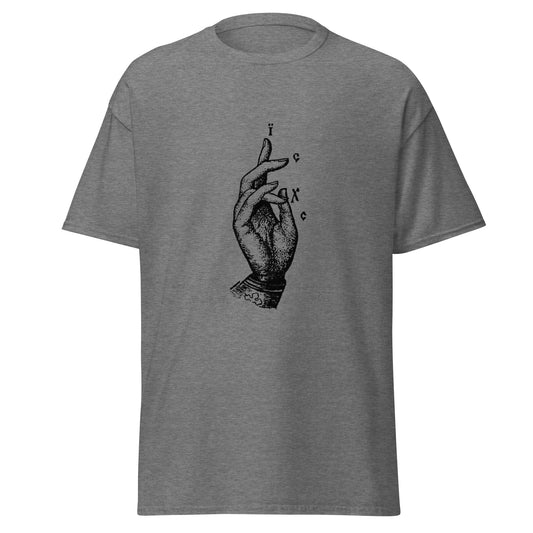 Grey classic tee front view with the Jesus Christ hand gesture printed on chest