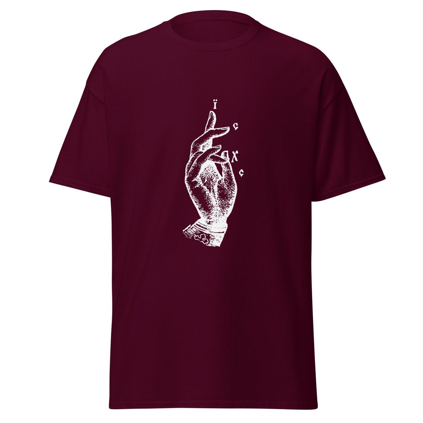 Maroon classic tee front view with the Jesus Christ hand gesture printed on chest