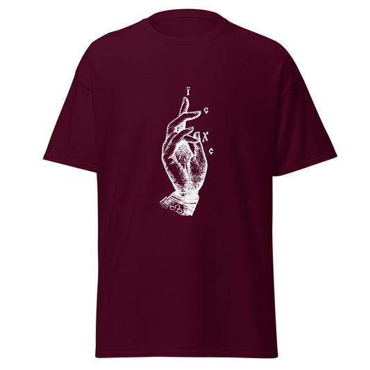 Maroon classic tee front view with the Jesus Christ hand gesture printed on chest