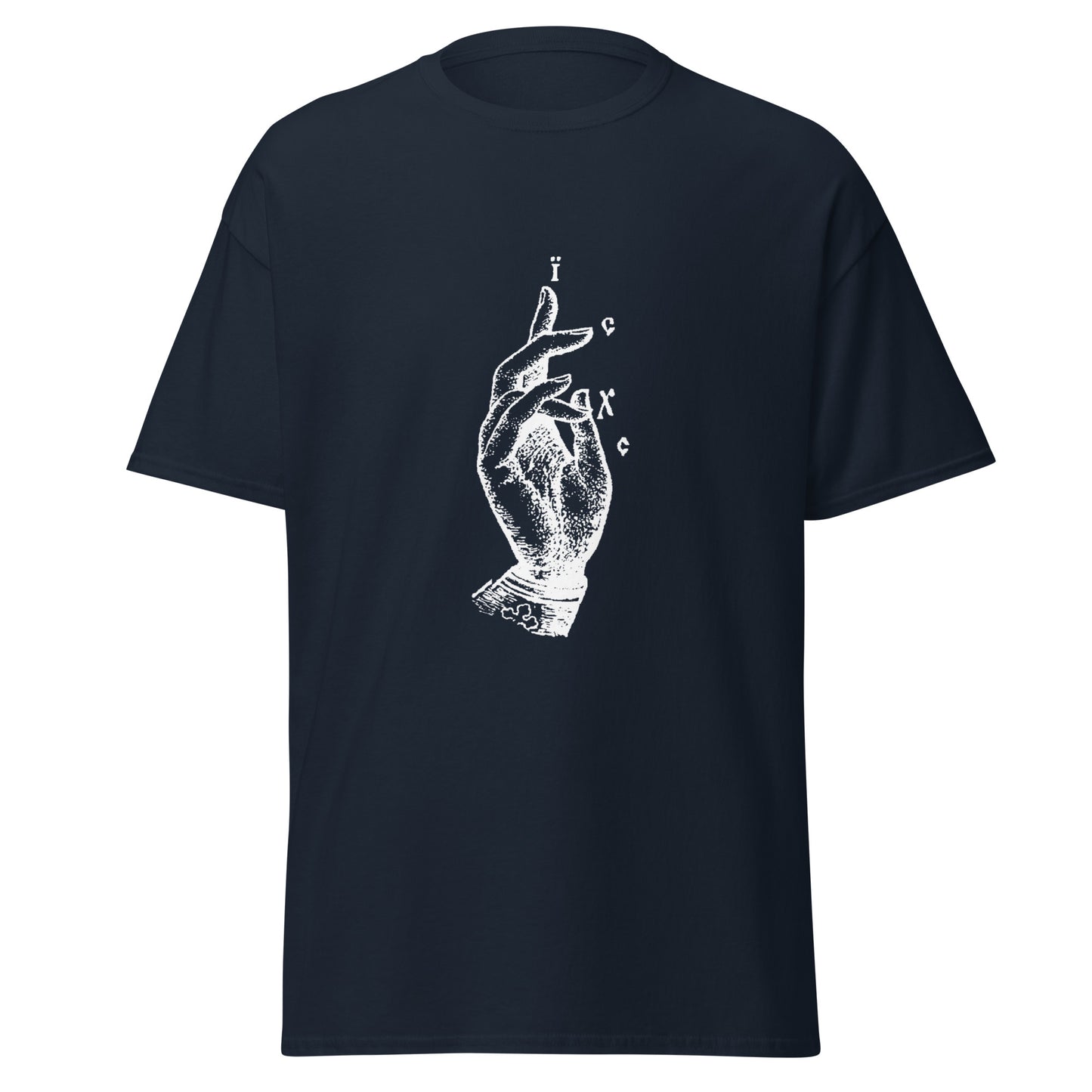 Navy classic tee front view with the Jesus Christ hand gesture printed on chest