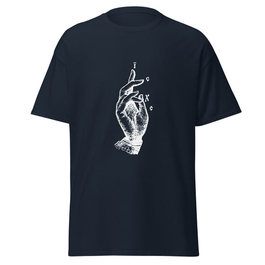 Navy classic tee front view with the Jesus Christ hand gesture printed on chest