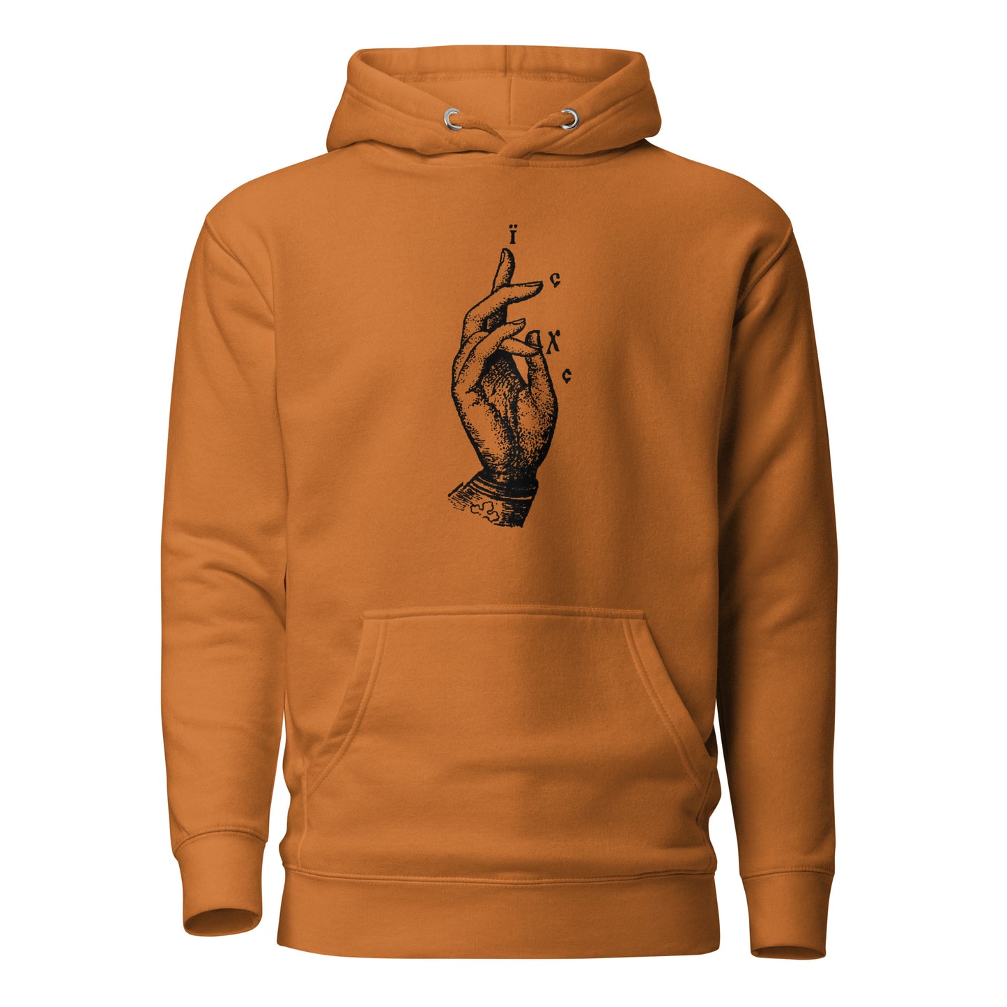 Orange hoodie front view with the Jesus Christ hand gesture printed on chest