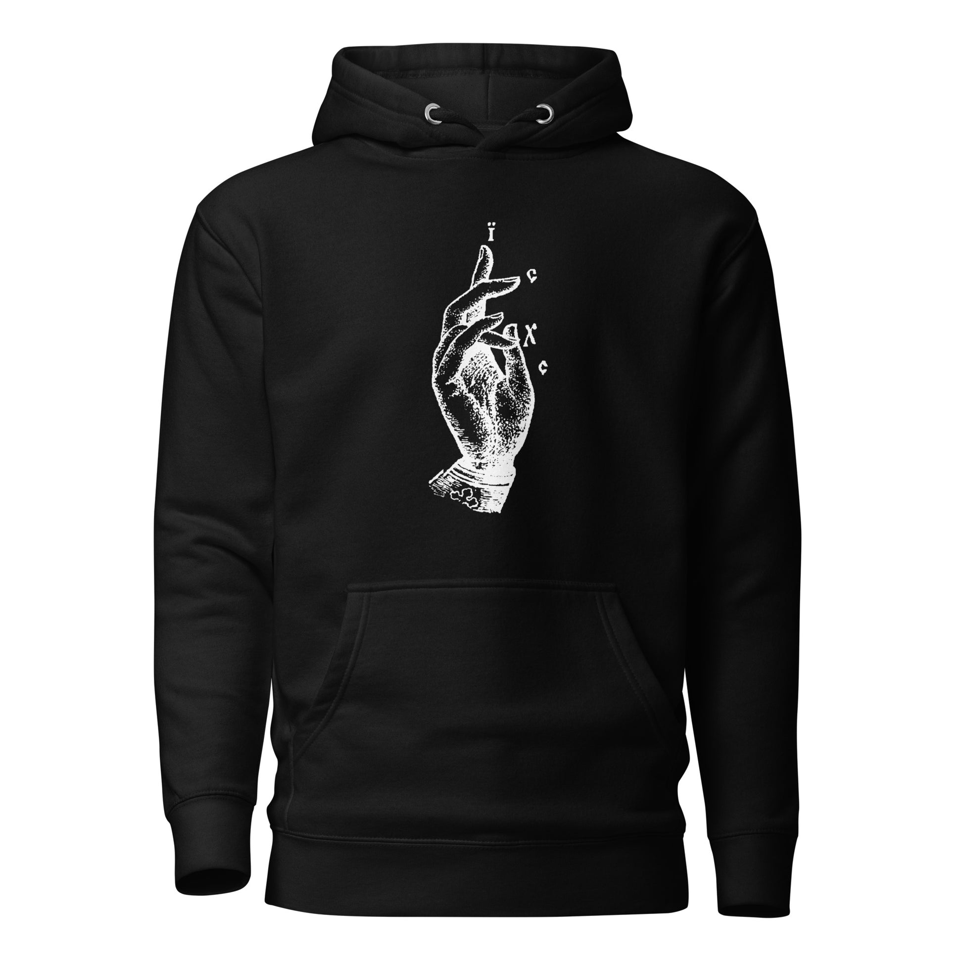 Black hoodie front view with the Jesus Christ hand gesture printed on chest