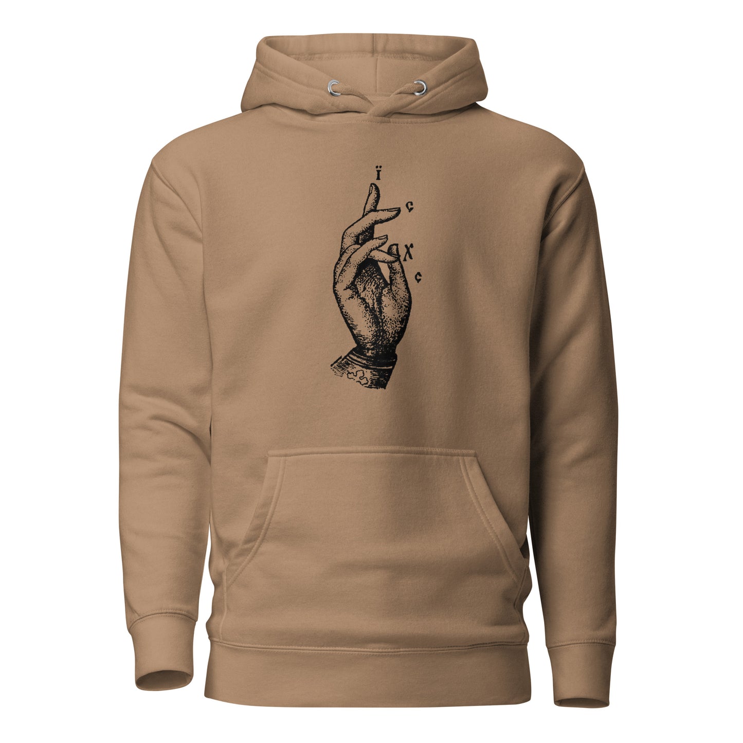 Brown hoodie front view with the Jesus Christ hand gesture printed on chest