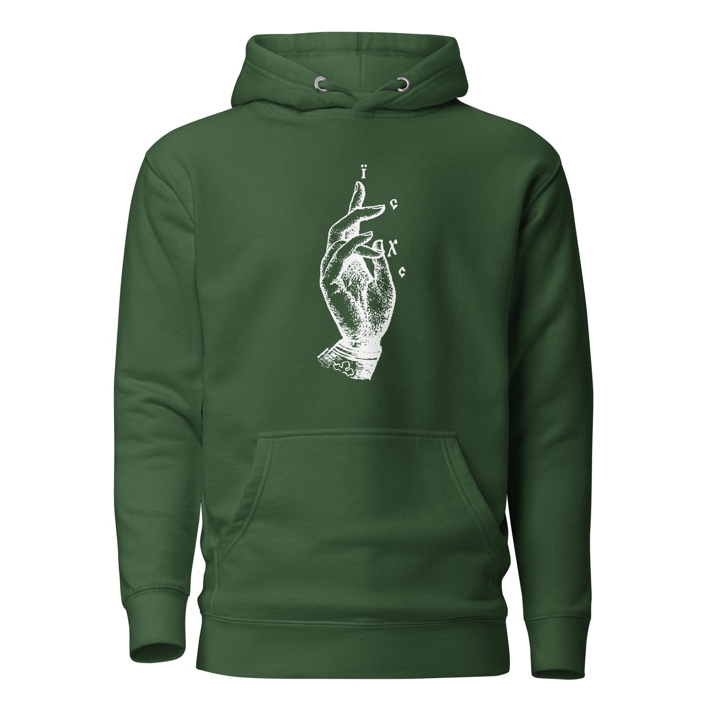 Green hoodie front view with the Jesus Christ hand gesture printed on chest