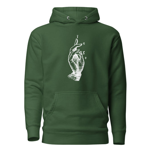 Green hoodie front view with the Jesus Christ hand gesture printed on chest