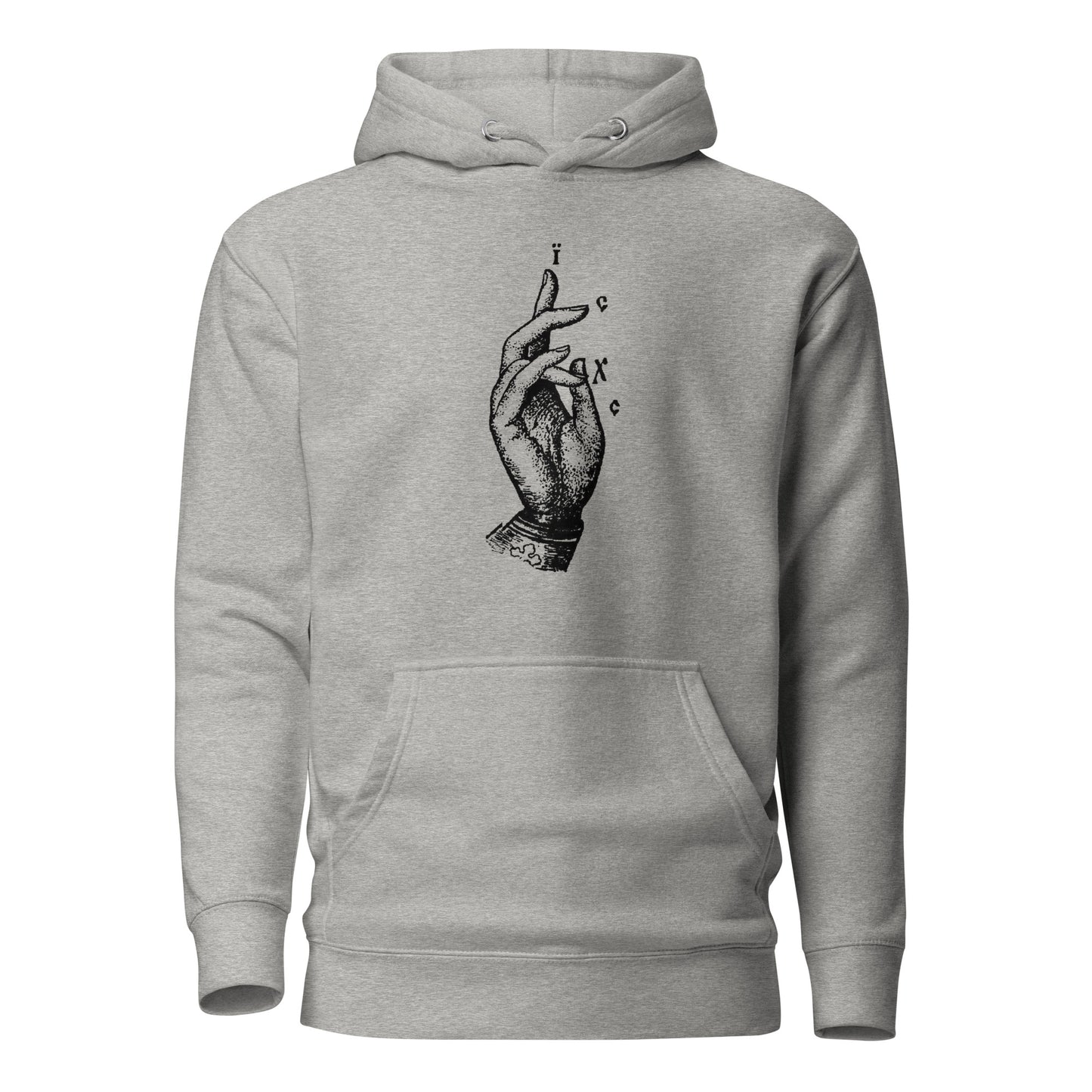 Grey hoodie front view with the Jesus Christ hand gesture printed on chest