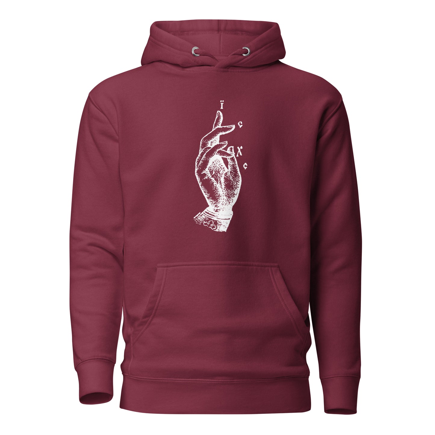 Maroon hoodie front view with the Jesus Christ hand gesture printed on chest