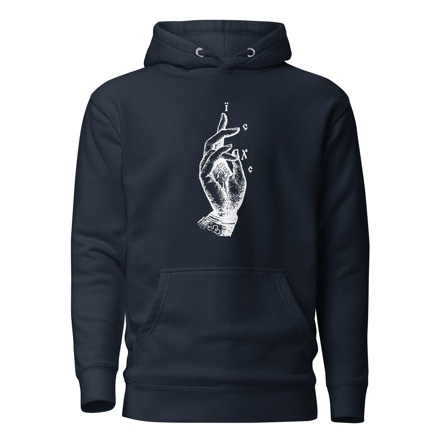 Navy hoodie front view with the Jesus Christ hand gesture printed on chest