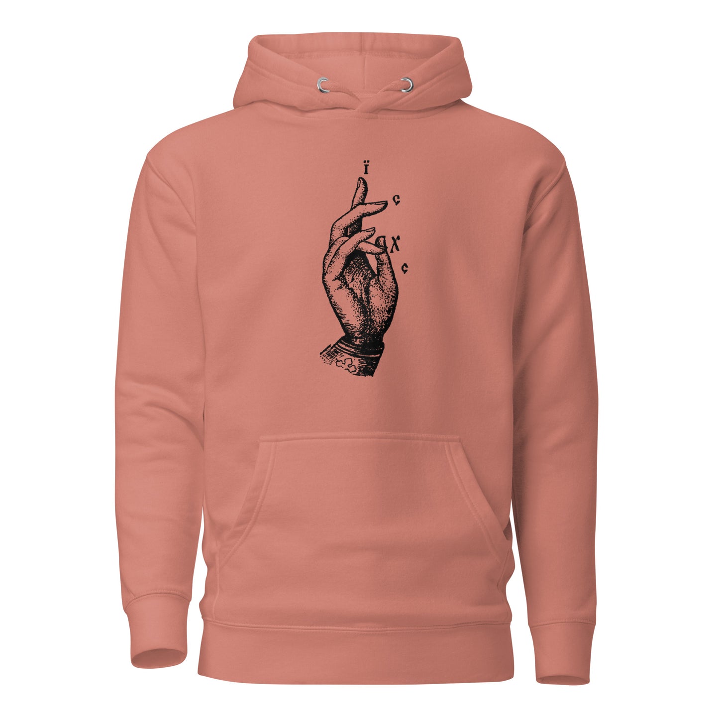 Rose hoodie front view with the Jesus Christ hand gesture printed on chest