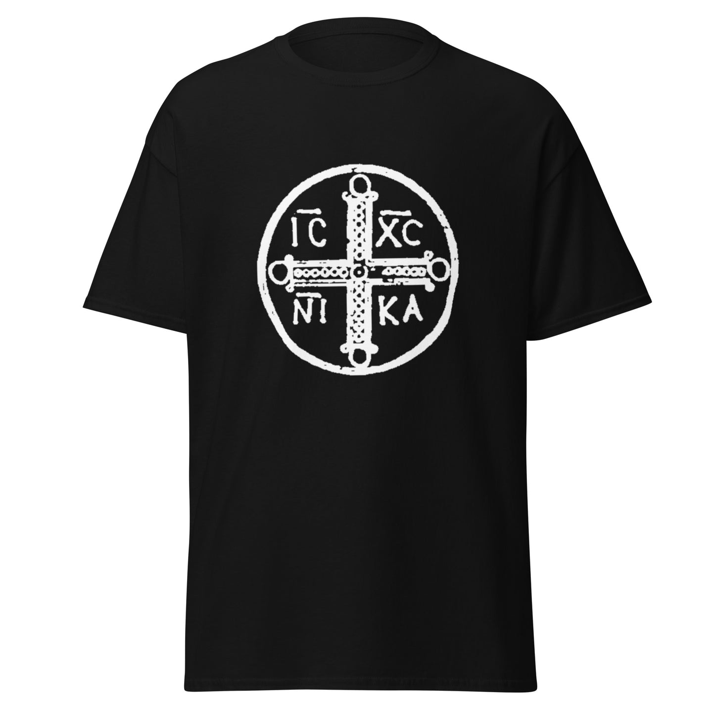 Black classic tee front view with ancient christogram printed on chest