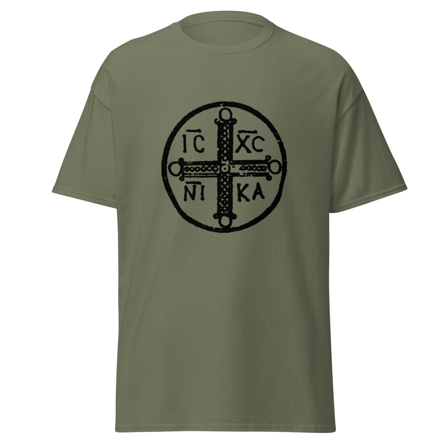 Green classic tee front view with ancient christogram printed on chest