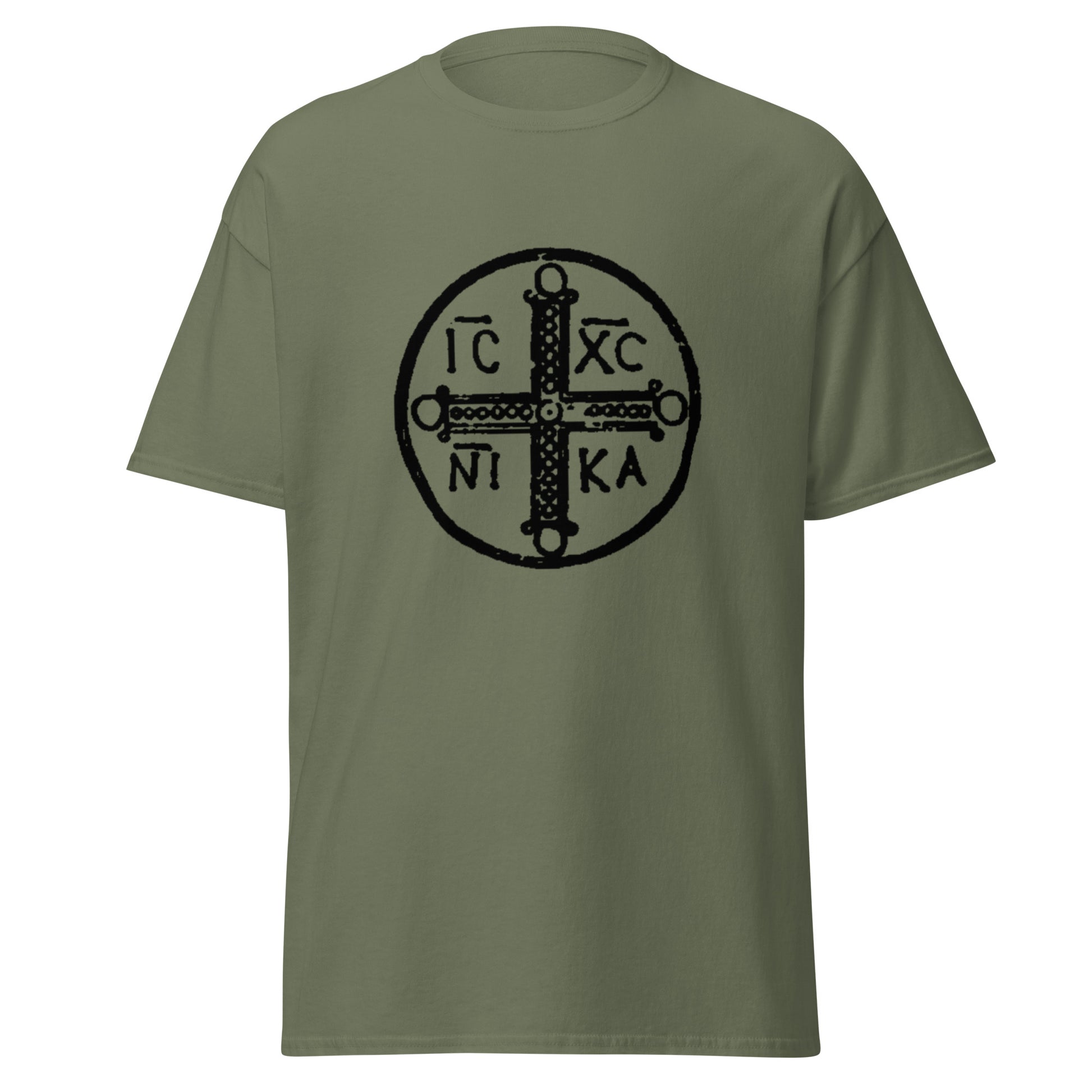 Green classic tee front view with ancient christogram printed on chest