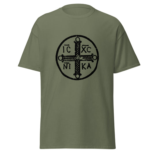 Green classic tee front view with ancient christogram printed on chest