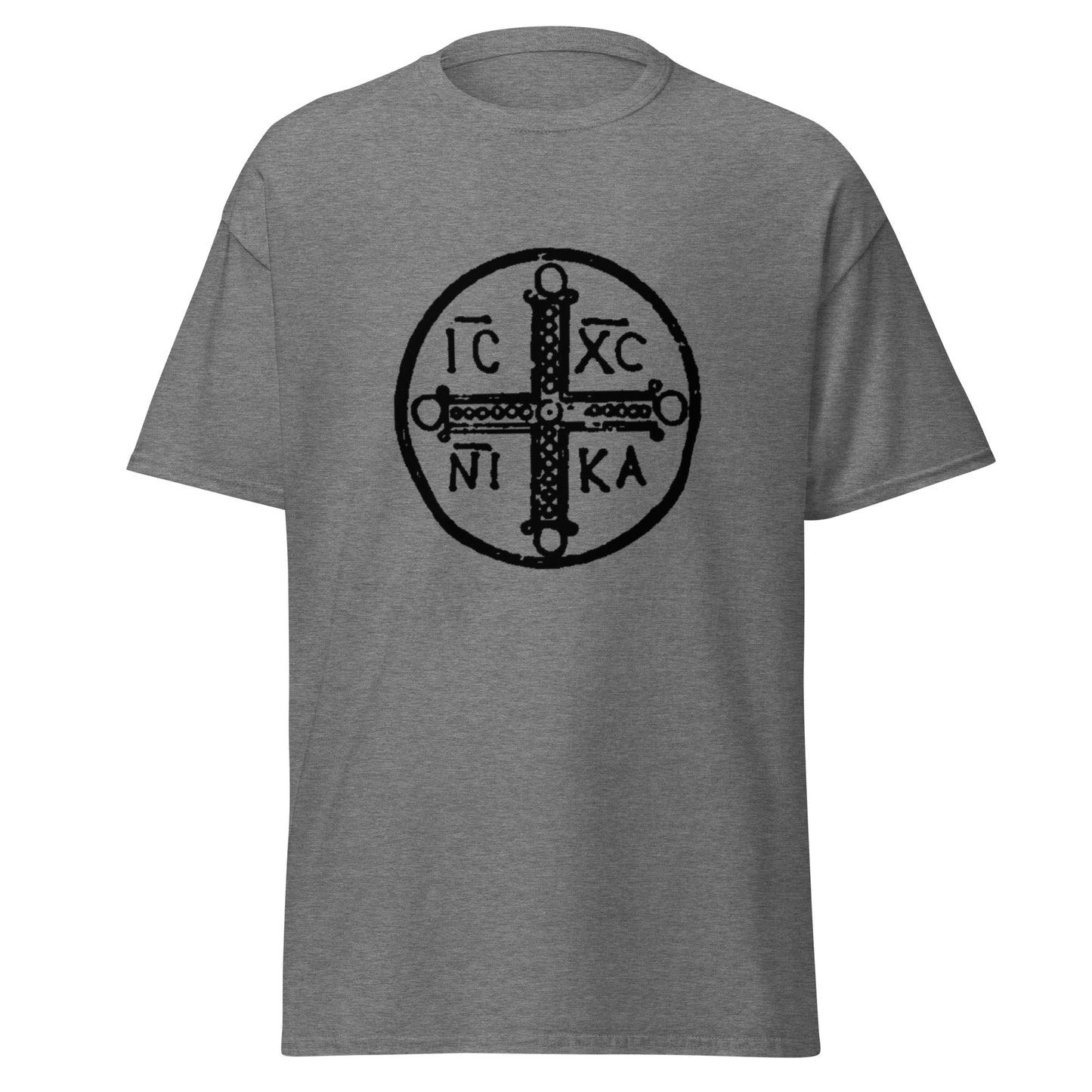 Grey classic tee front view with ancient christogram printed on chest