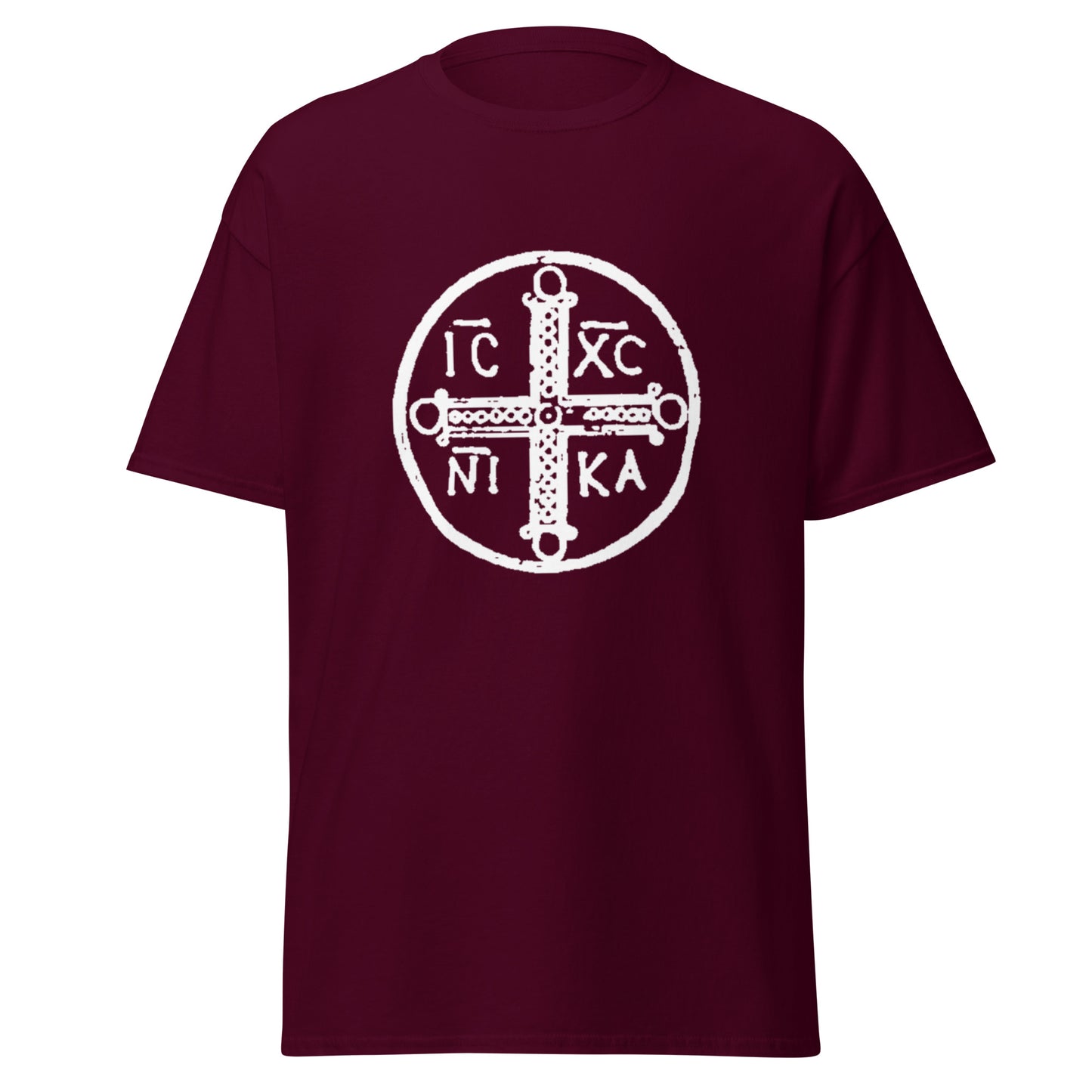 Maroon classic tee front view with ancient christogram printed on chest