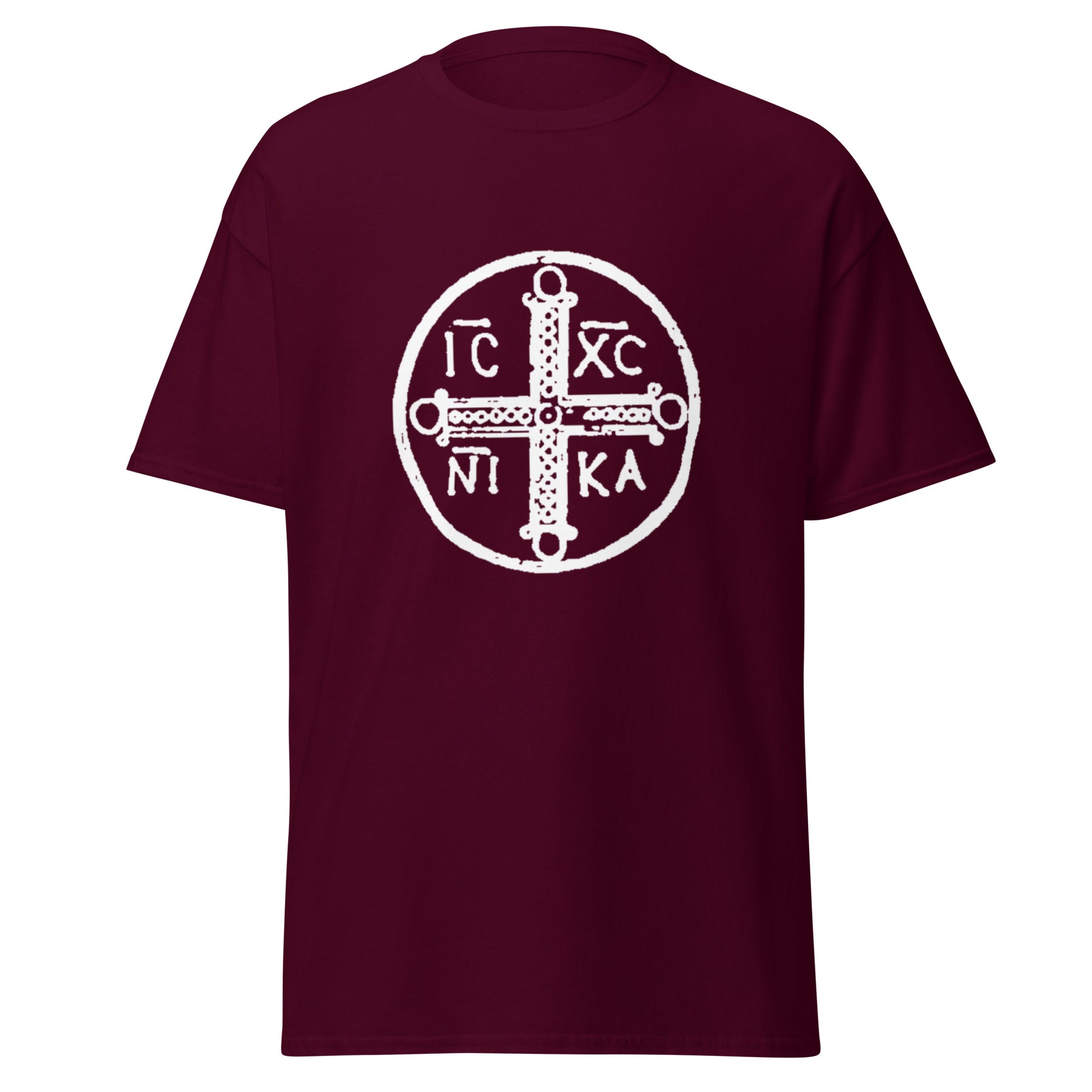 Maroon classic tee front view with ancient christogram printed on chest