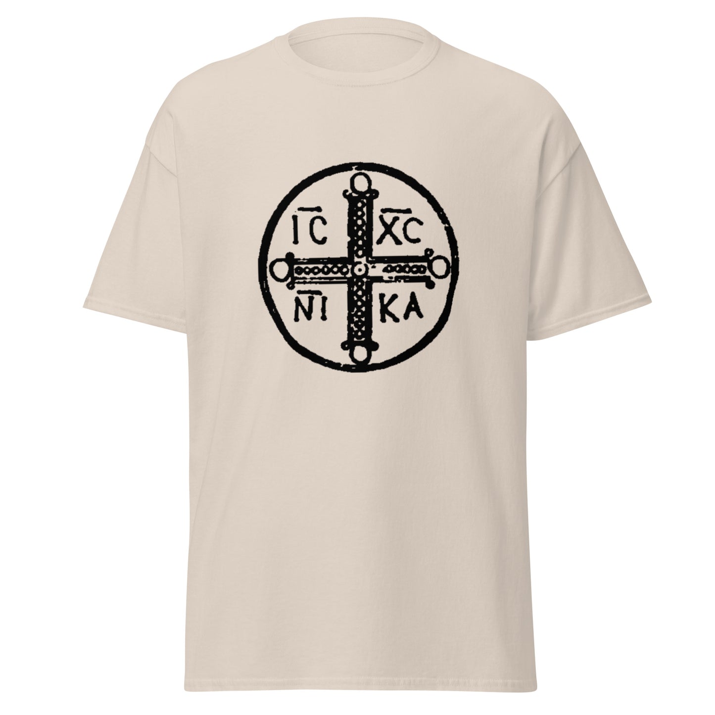 Off white classic tee front view with ancient christogram printed on chest