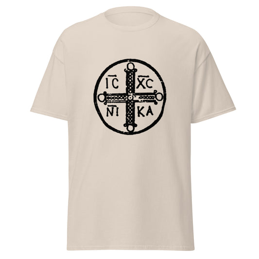 Off white classic tee front view with ancient christogram printed on chest