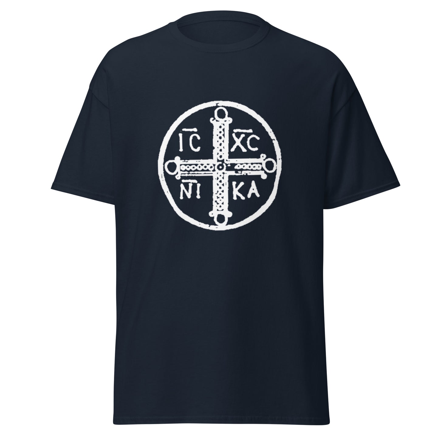 Navy classic tee front view with ancient christogram printed on chest