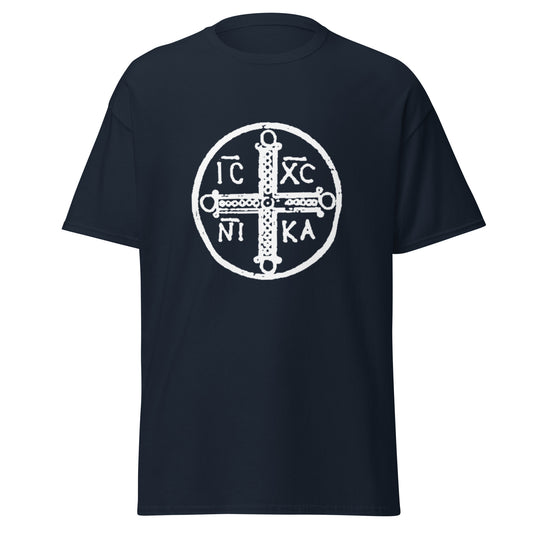 Navy classic tee front view with ancient christogram printed on chest