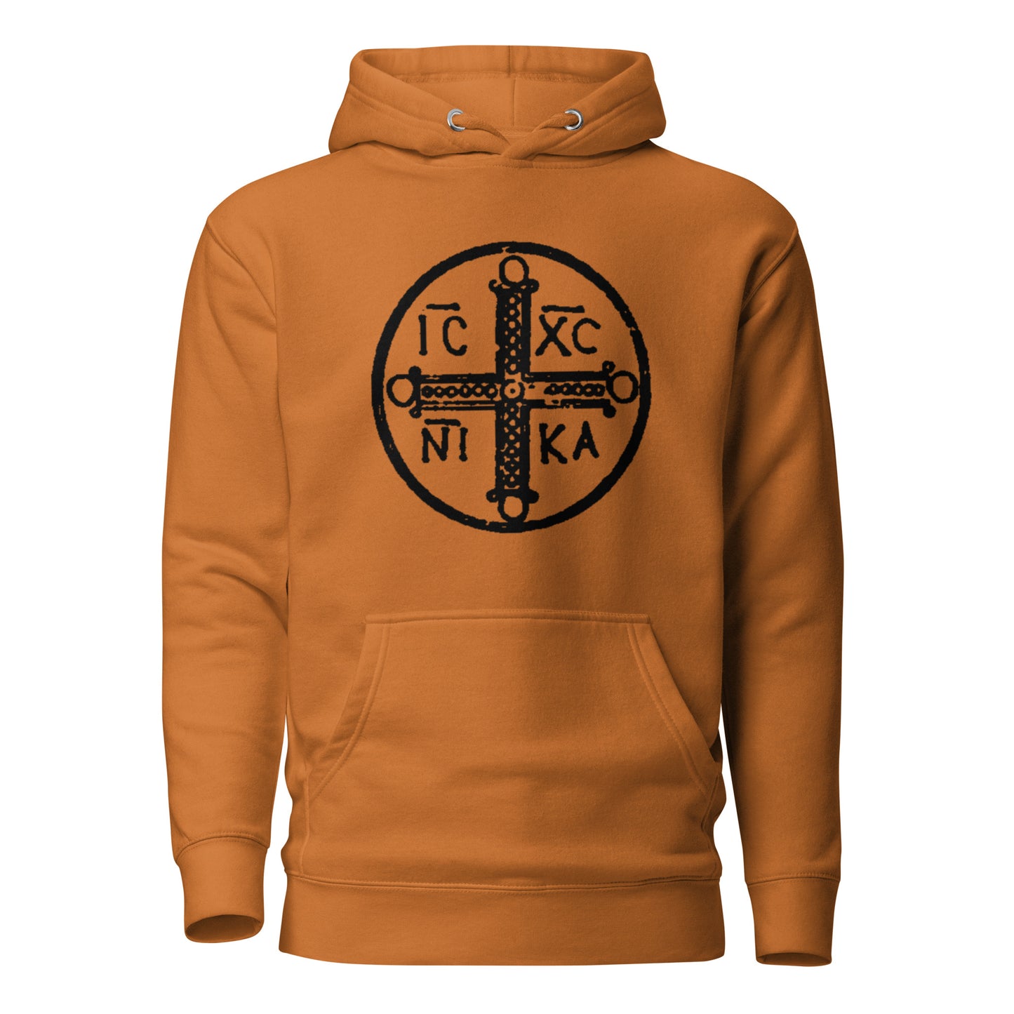Orange hoodie front view with ancient christogram printed on chest