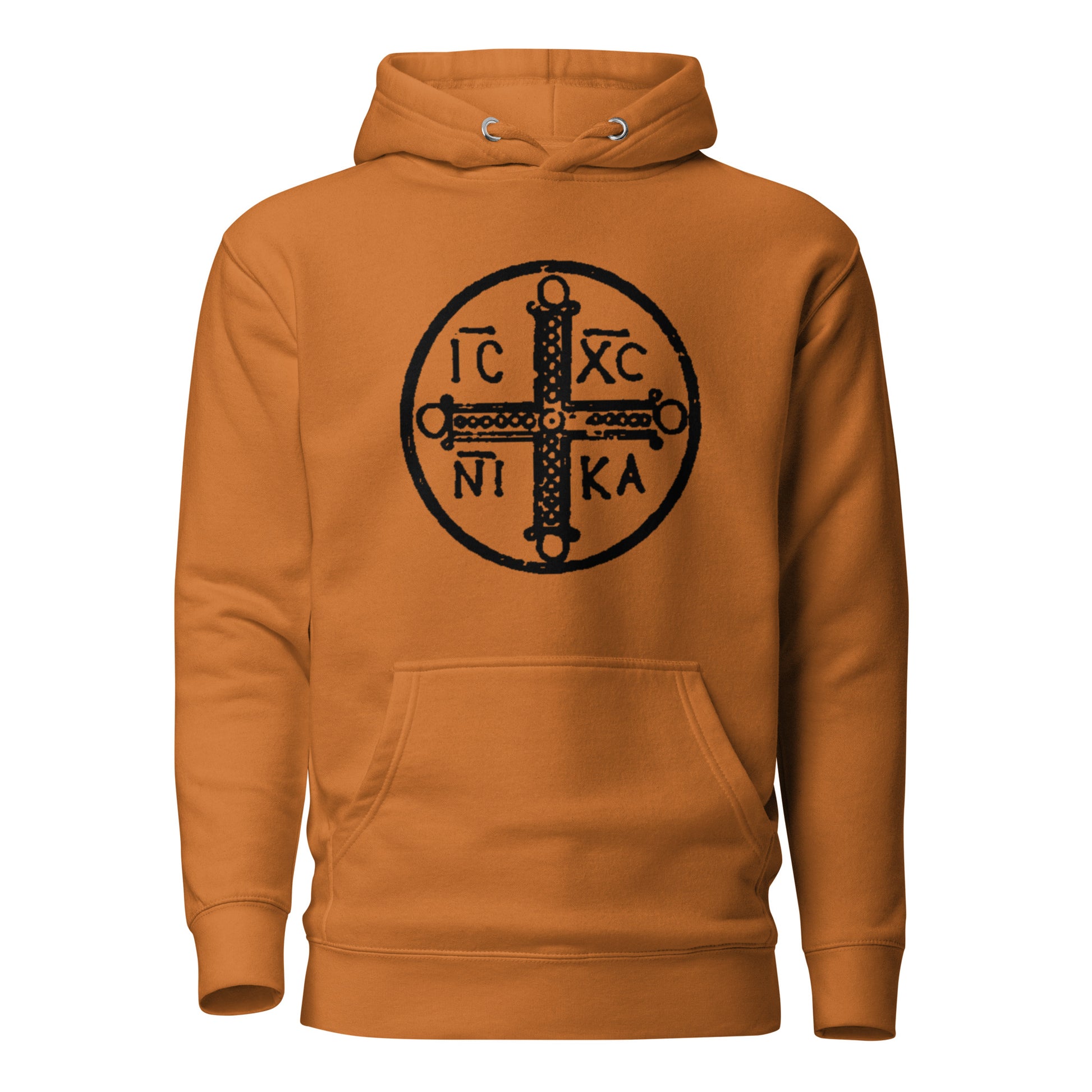 Orange hoodie front view with ancient christogram printed on chest