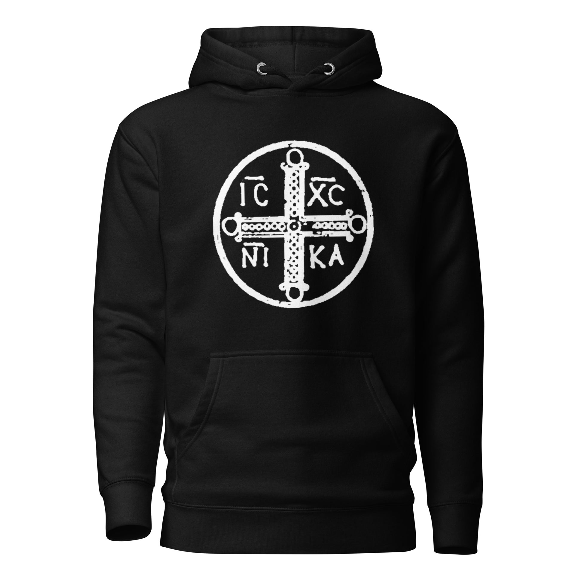 Black hoodie front view with ancient christogram printed on chest
